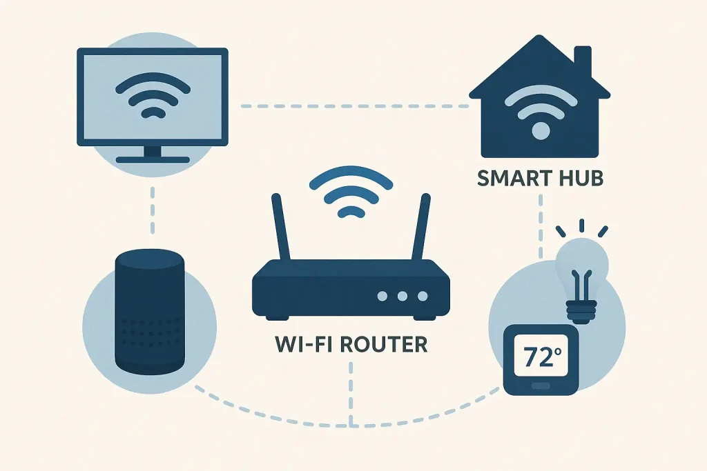 Home smart device: A diagram showing the setup of a smart home network, including Wi-Fi router, smart hub, and connected devices
