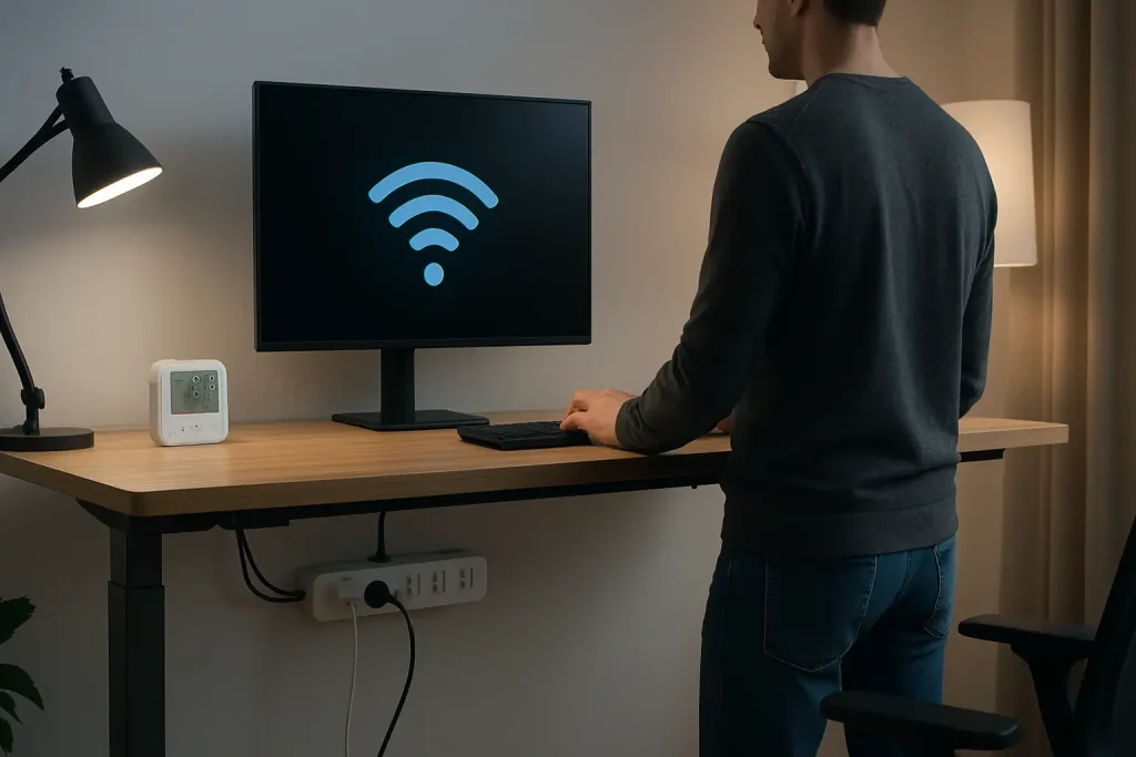 A photorealistic shot capturing a modern home office setup with smart devices integrated. The scene includes a sleek adjustable smart desk in a standing position, with a person working at it. Smart lighting fixtures are visible, emitting a cool, focused light. On the desk, there's a small environmental sensor displaying air quality and temperature readings. A smart power strip is neatly organized under the desk, connecting multiple devices. The overall atmosphere is clean, productive, and technologically advanced, showcasing how smart devices can enhance a work-from-home environment.