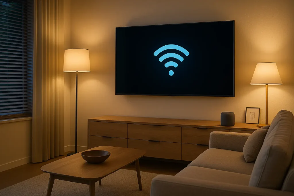 A photorealistic shot capturing a modern living room setup with visible smart devices. The room features a large smart TV mounted on the wall, a sleek smart speaker on a side table, and smart lighting fixtures that emit a warm, ambient glow. The smart blinds are partially open, allowing some natural light to filter in. The overall aesthetic is clean and contemporary, showcasing how smart devices can seamlessly integrate into a stylish living space.