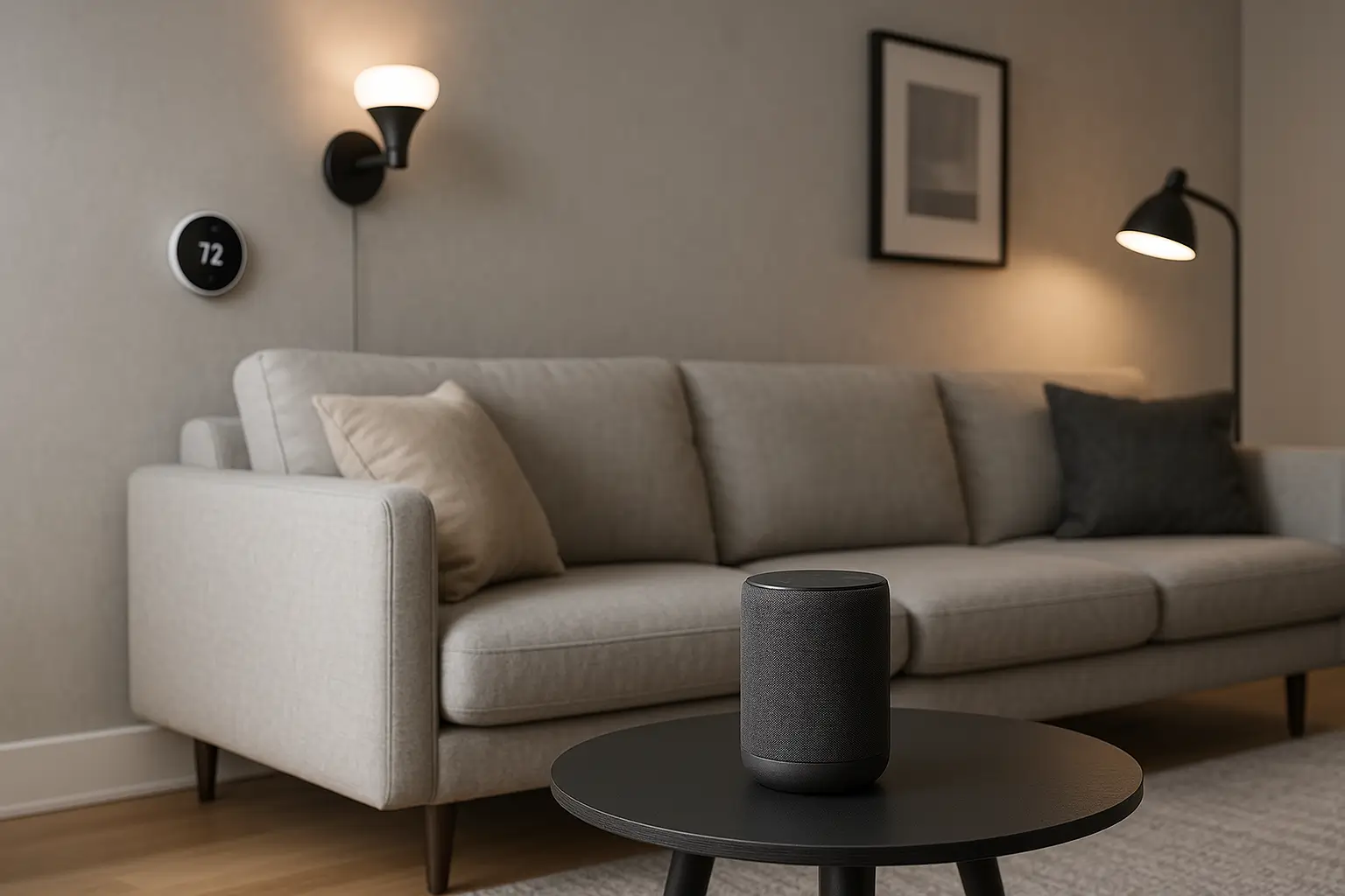 Home smart device: A photorealistic shot capturing a modern living room with visible smart devices including a smart speaker, smart thermostat on the wall, and smart lighting system. The room has a sleek, contemporary design with neutral colors and minimalist furniture. The smart devices are subtly integrated into the decor, showing how technology can blend seamlessly with home aesthetics.