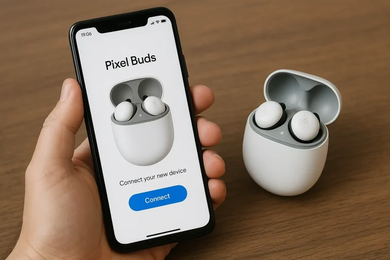 A person setting up Google Pixel Buds using a smartphone, with the setup screen visible.
