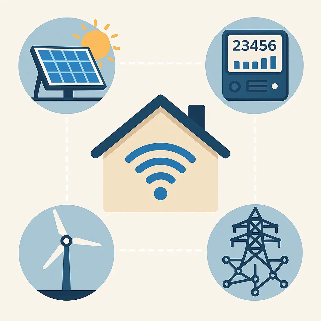 Home smart device: An infographic showing the integration of smart home systems with renewable energy sources and smart grid technology