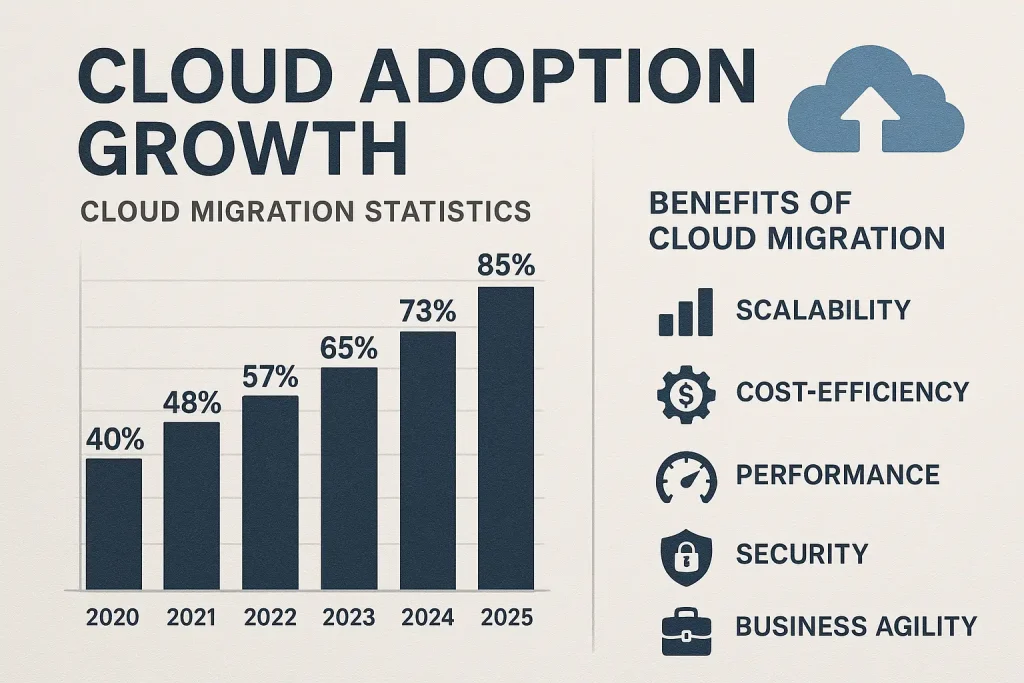A photorealistic shot capturing a detailed infographic showing cloud adoption growth statistics and key benefits of cloud migration, with clear icons representing scalability, cost-efficiency, performance, security, and business agility